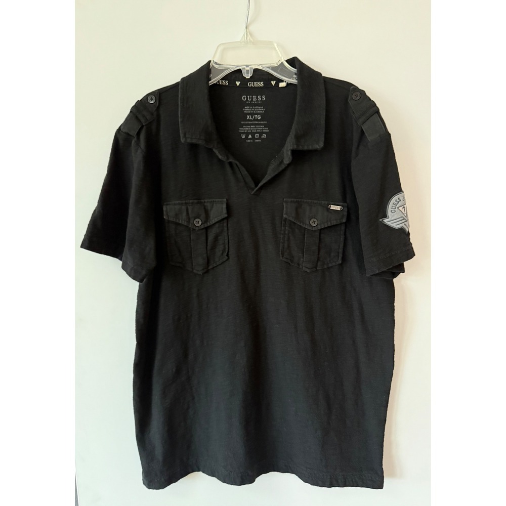 Guess‎ Los Angeles Mens XL Black Military Polo Shirt Epaulettes Logo Patch Slub